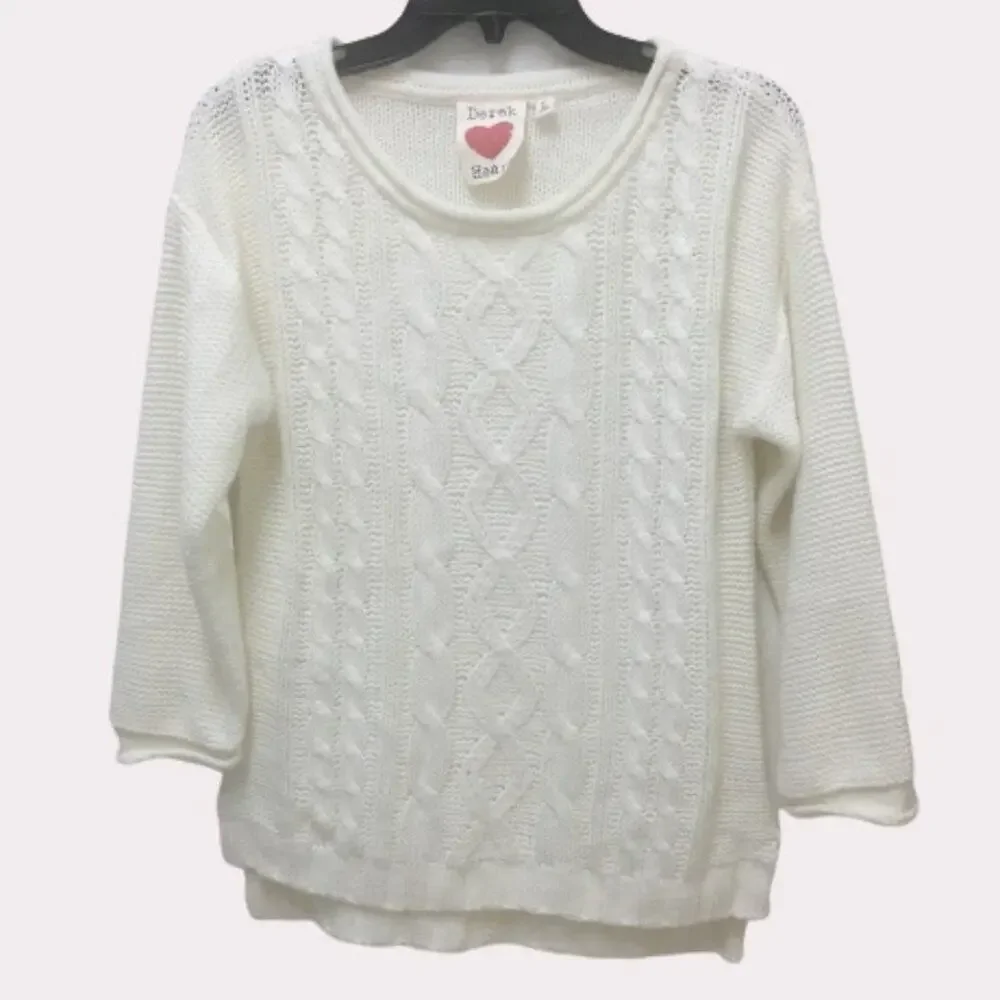 Derek Heart Off White Cable Knit Hi/Low Sweater, L - Picture 1 of 4